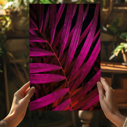 Vibrant magenta palm leaf insigne aluminum print held by hands