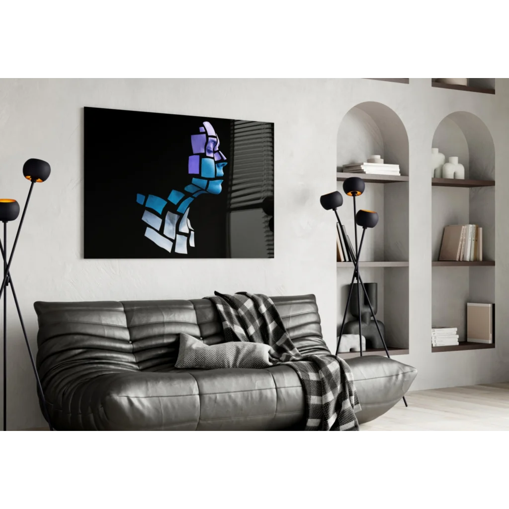 Modern abstract glass wall art portrait in blue and purple geometric blocks