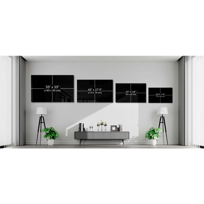 Four black minimalist canvas prints on white wall, stunning glass wall art