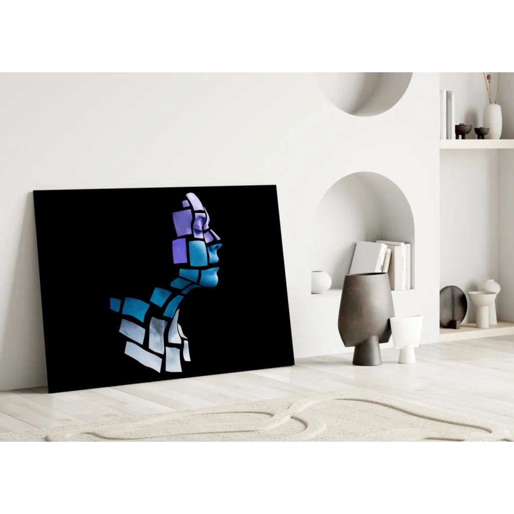 Stylized blue purple mosaic profile glass wall art on black canvas