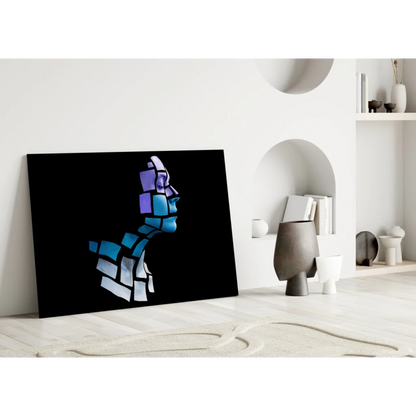 Stylized blue purple mosaic profile glass wall art on black canvas
