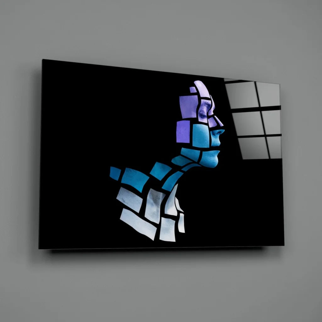 Modern glass wall art: blue and white mosaic woman’s profile on black
