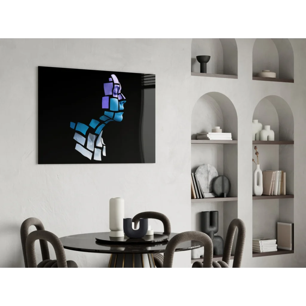Modern abstract glass wall art of stylized face in blue, purple, white blocks