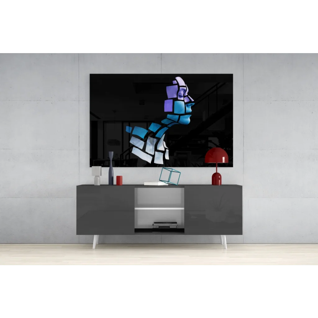Modern geometric blue and white glass wall art portrait in black frame