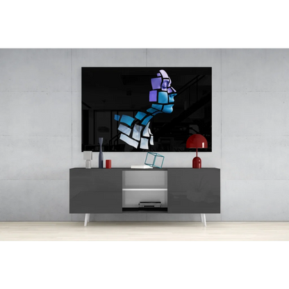 Modern geometric blue and white glass wall art portrait in black frame