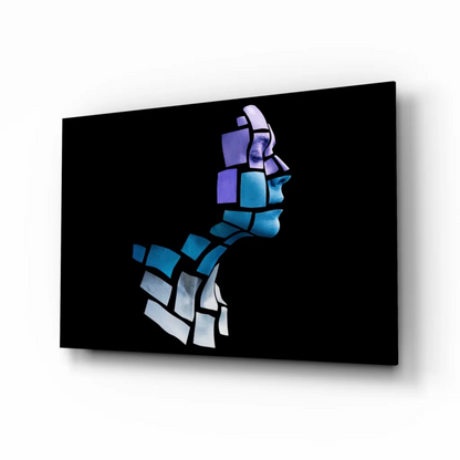 Modern glass wall art: stylized mosaic portrait in blue and purple tiles