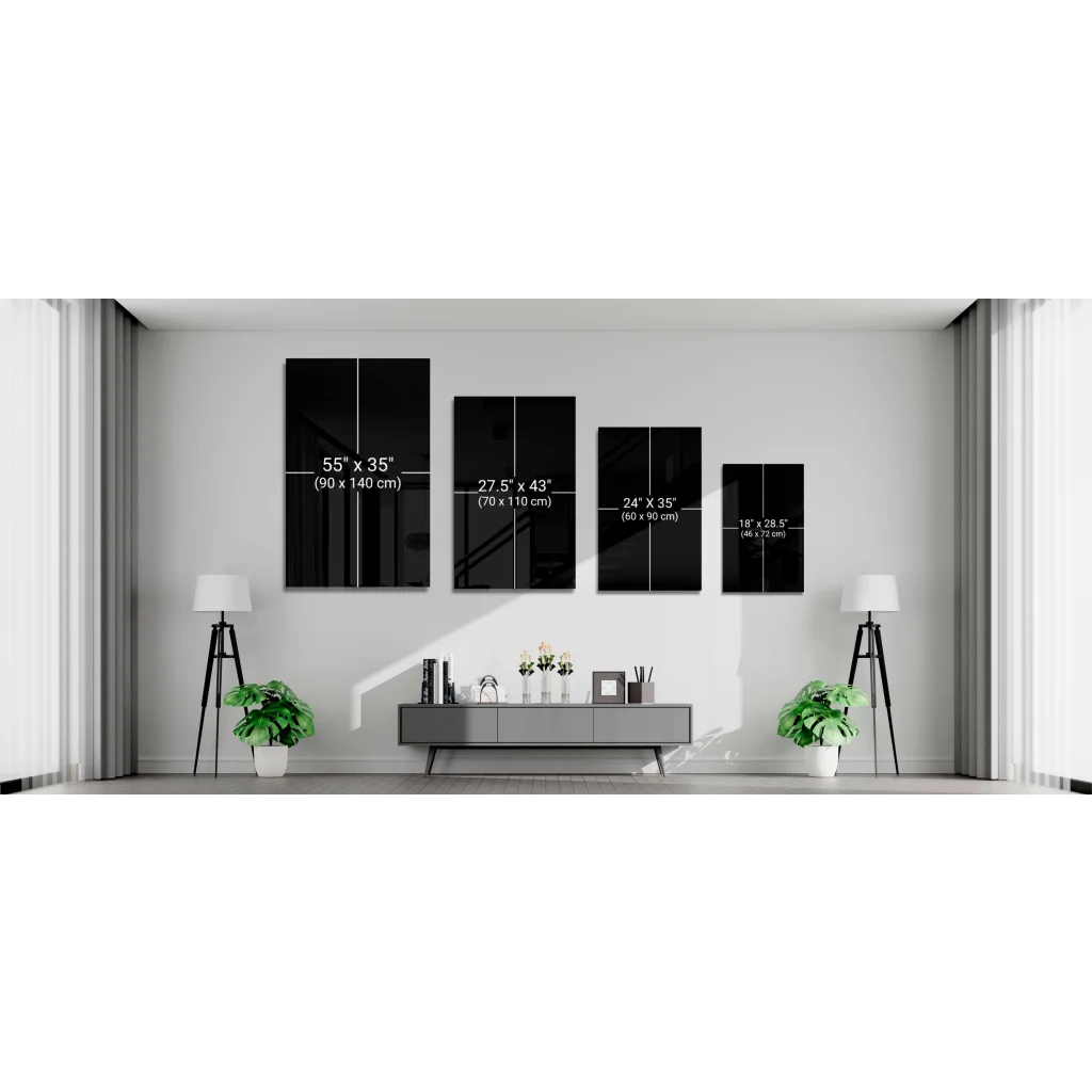 Four black minimalist canvas prints as stunning glass wall art in modern living room