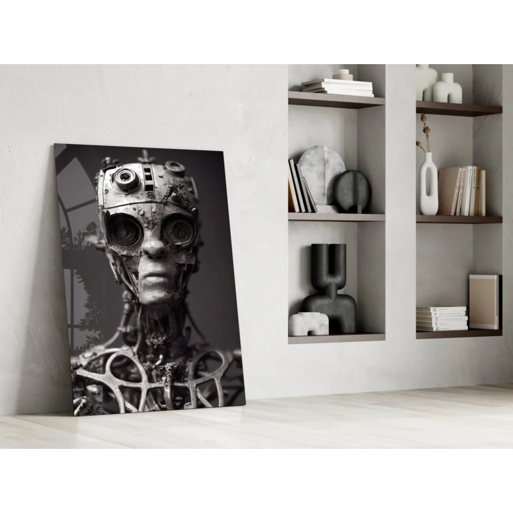 Steampunk robot head black-and-white glass wall art canvas print