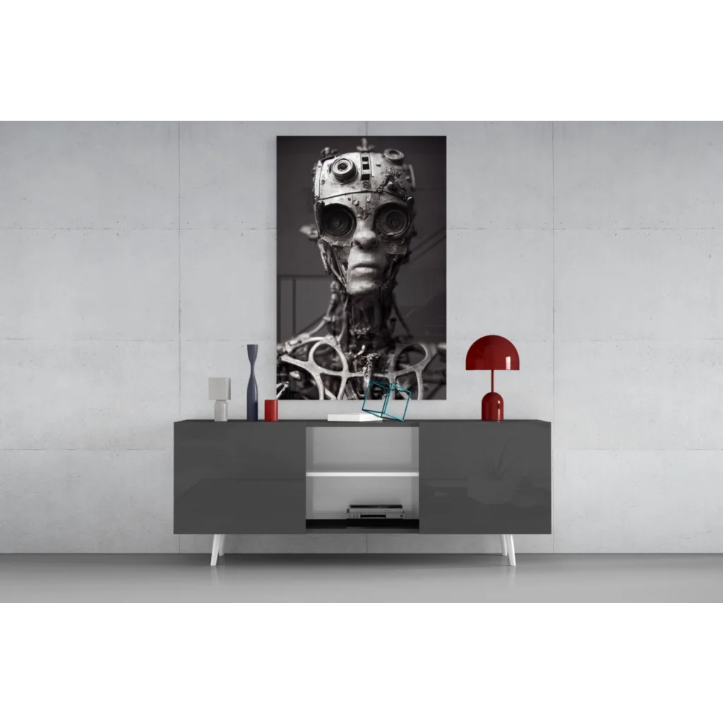 Steampunk robot head black-and-white glass wall art canvas print