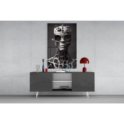 Steampunk robot head black-and-white glass wall art canvas print