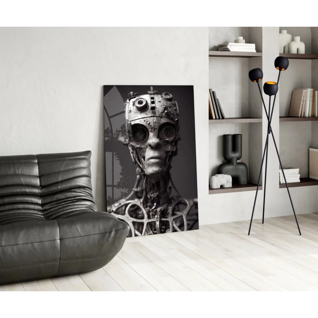Steampunk robot head black-and-white glass wall art canvas print