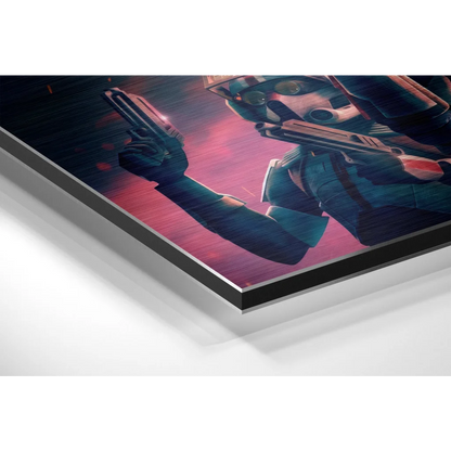 Sleek futuristic armored warrior art on brushed aluminium dibond print