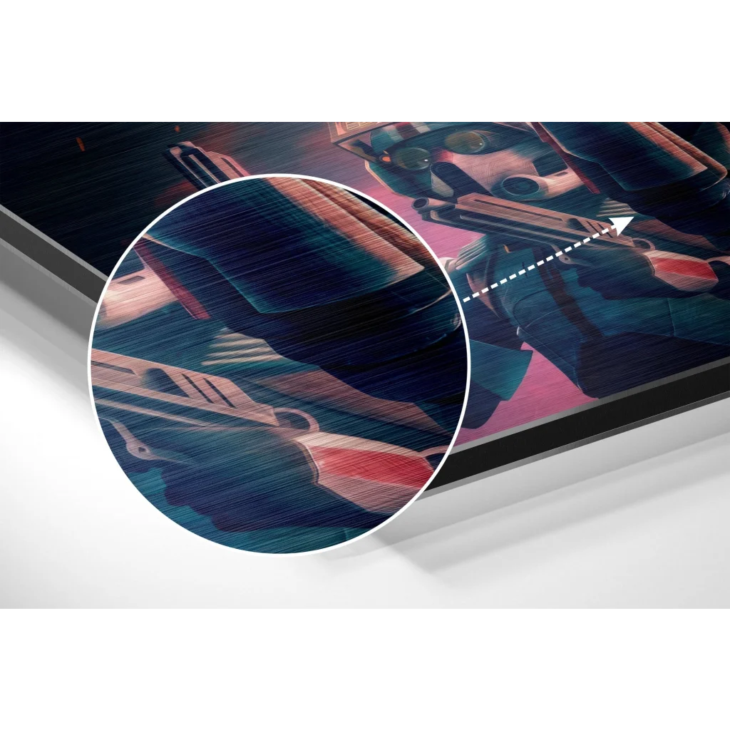 Stylized futuristic armored warrior on brushed aluminium dibond print