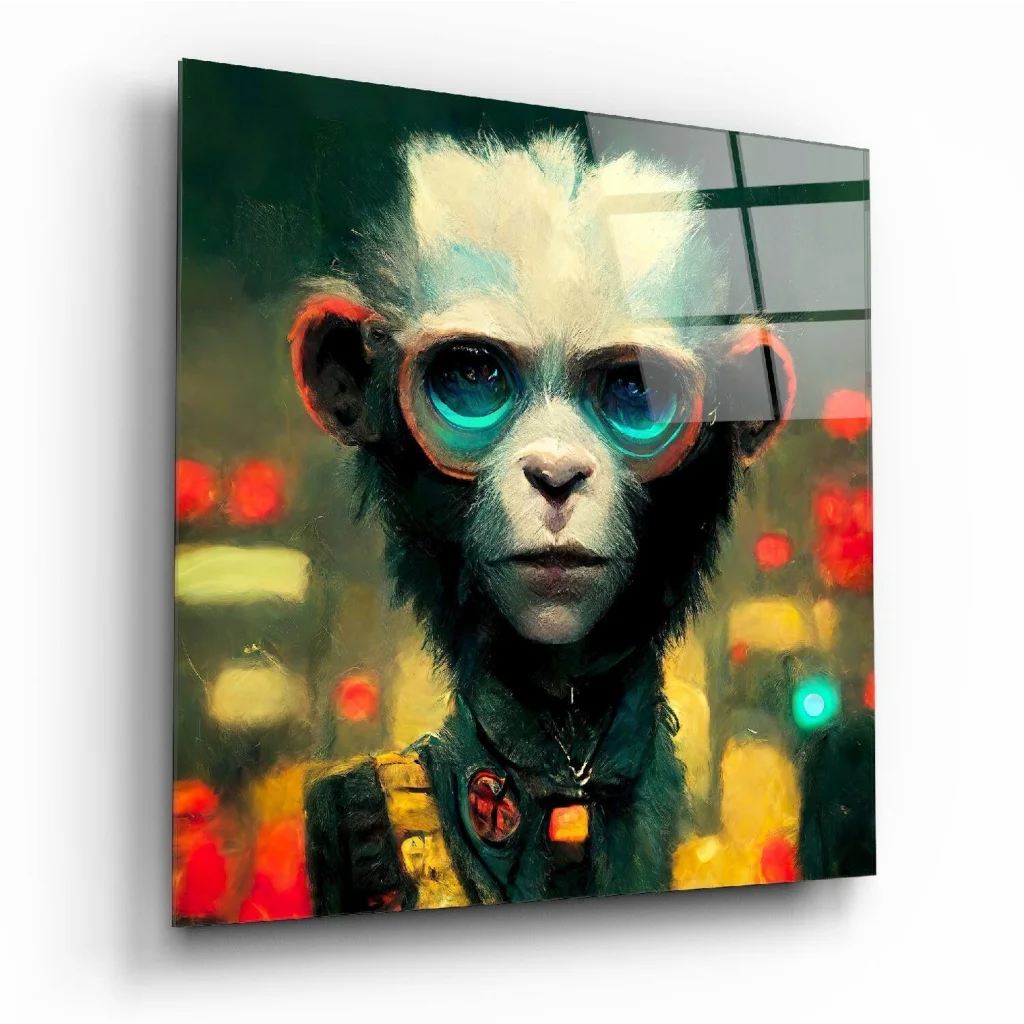 Futuristic cyberpunk monkey wall art with neon glasses and urban glow