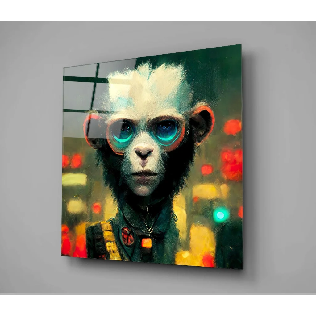 Cyberpunk monkey wall art print with futuristic glasses and neon urban glow