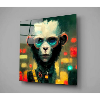 Cyberpunk monkey wall art print with futuristic glasses and neon urban glow