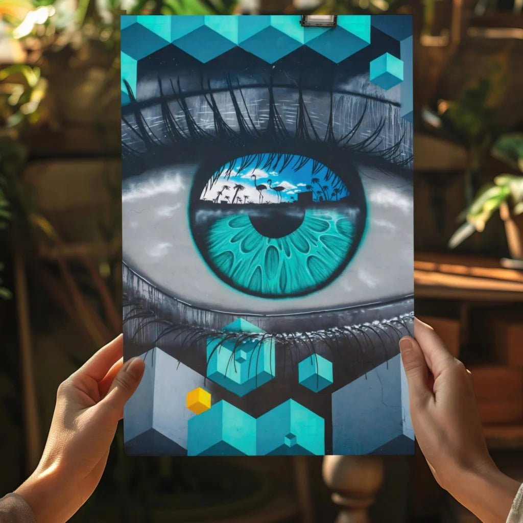 Vibrant turquoise black graffiti eye on insigne aluminum prints with blue yellow cubes