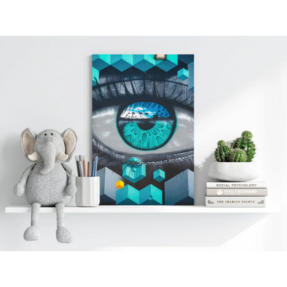 Vibrant turquoise gray abstract eye on insigne aluminum prints with cube patterns