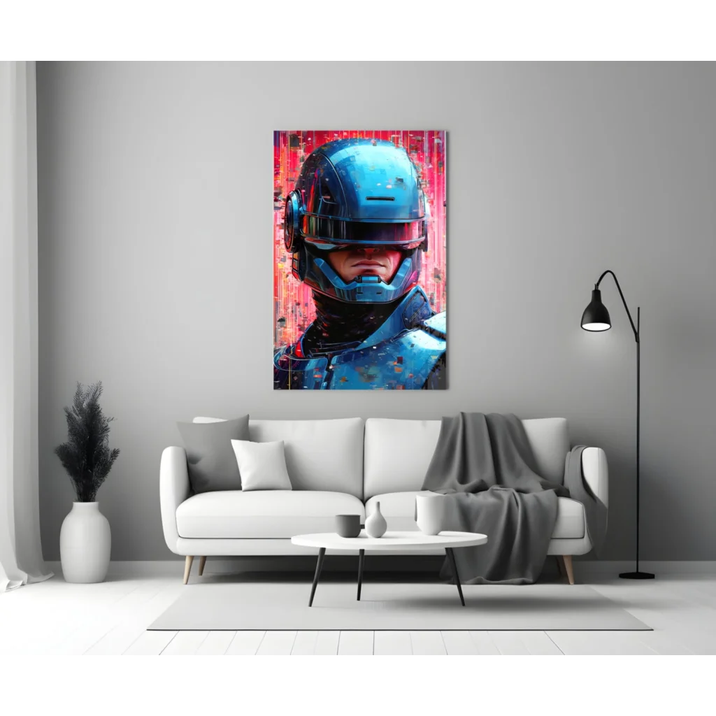 Vibrant graffiti robotic helmet canvas wall art print in blue black red