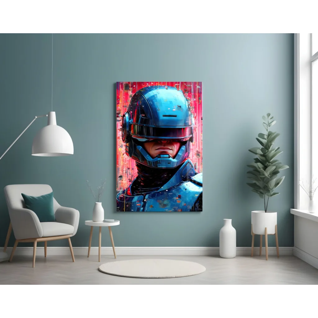 Futuristic blue robotic helmet canvas wall art with glitch effects