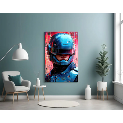 Futuristic blue robotic helmet canvas wall art with glitch effects