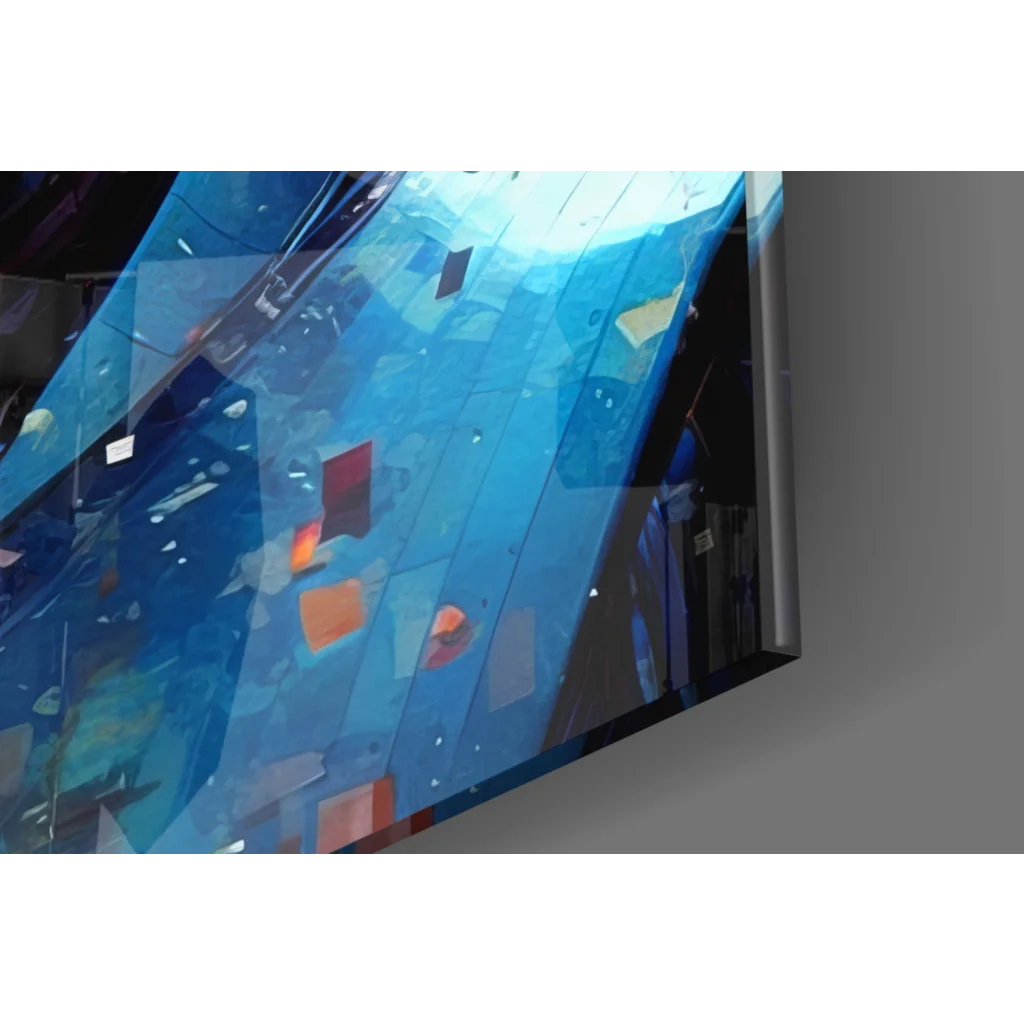 Sleek futuristic robotic helmet glass wall art with blue abstract TV design