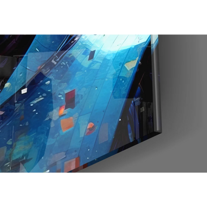 Sleek futuristic robotic helmet glass wall art with blue abstract TV design