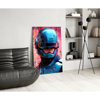 Futuristic blue armored helmet portrait on vibrant pink red wall art canvas