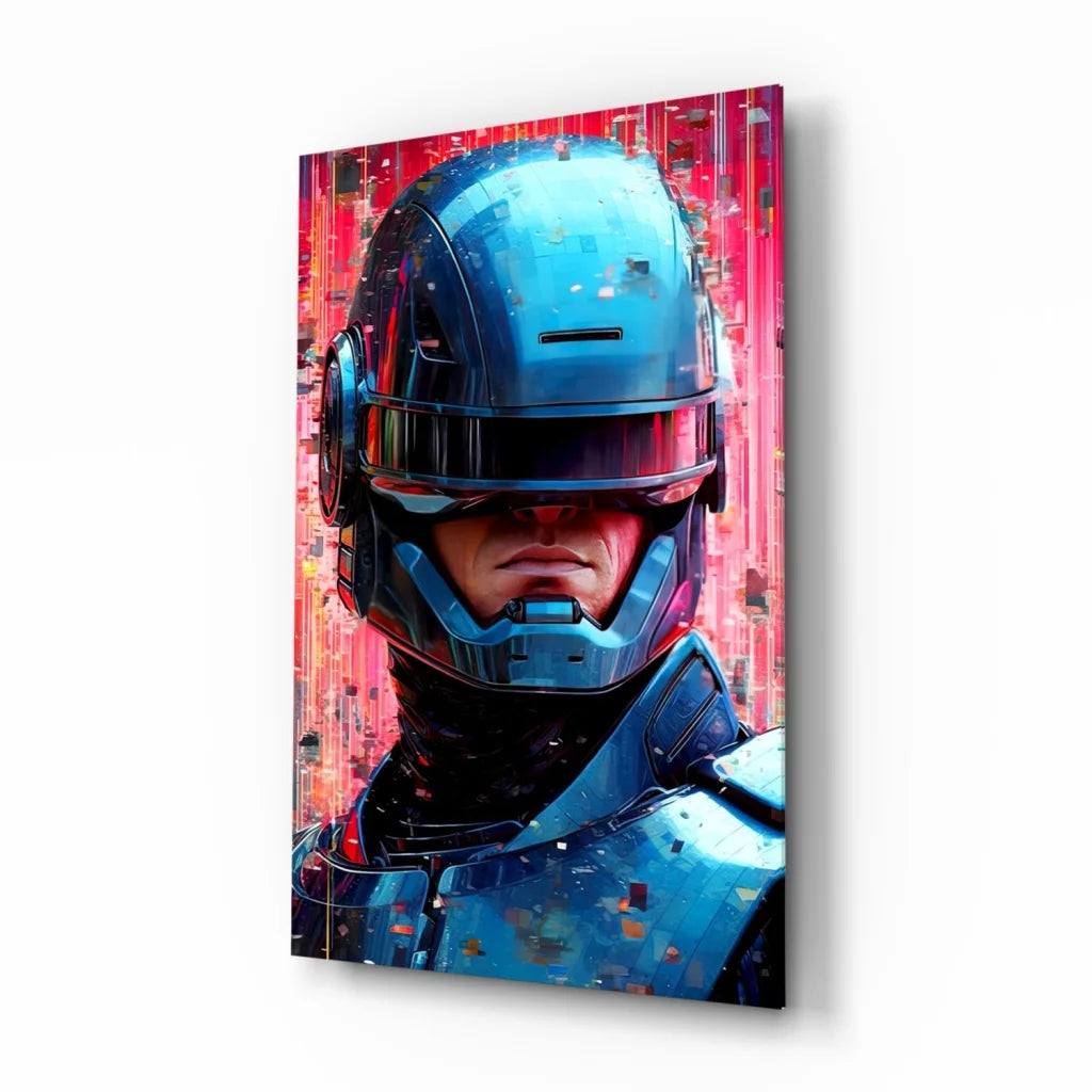 Futuristic Robocop helmet blue metallic wall art canvas print