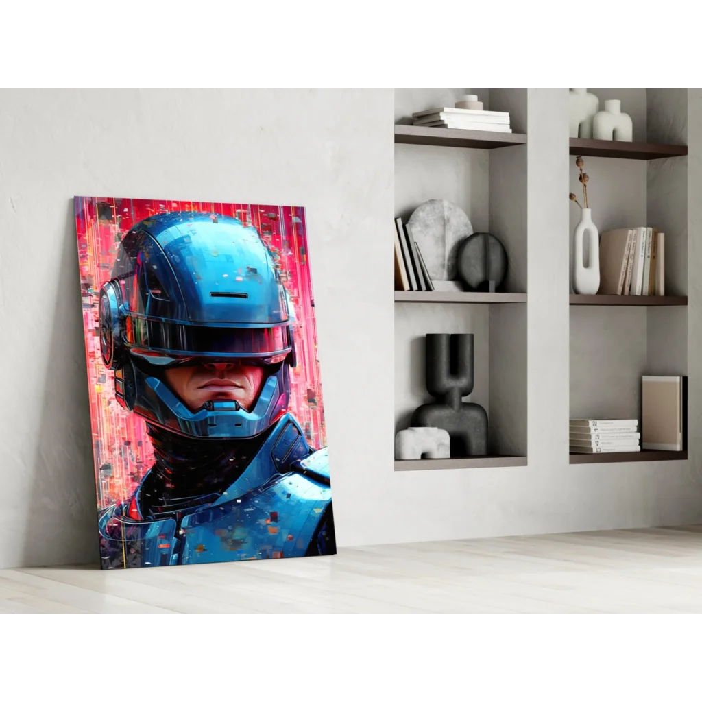 Futuristic robotic helmet wall art canvas print in blue with red pink splatters