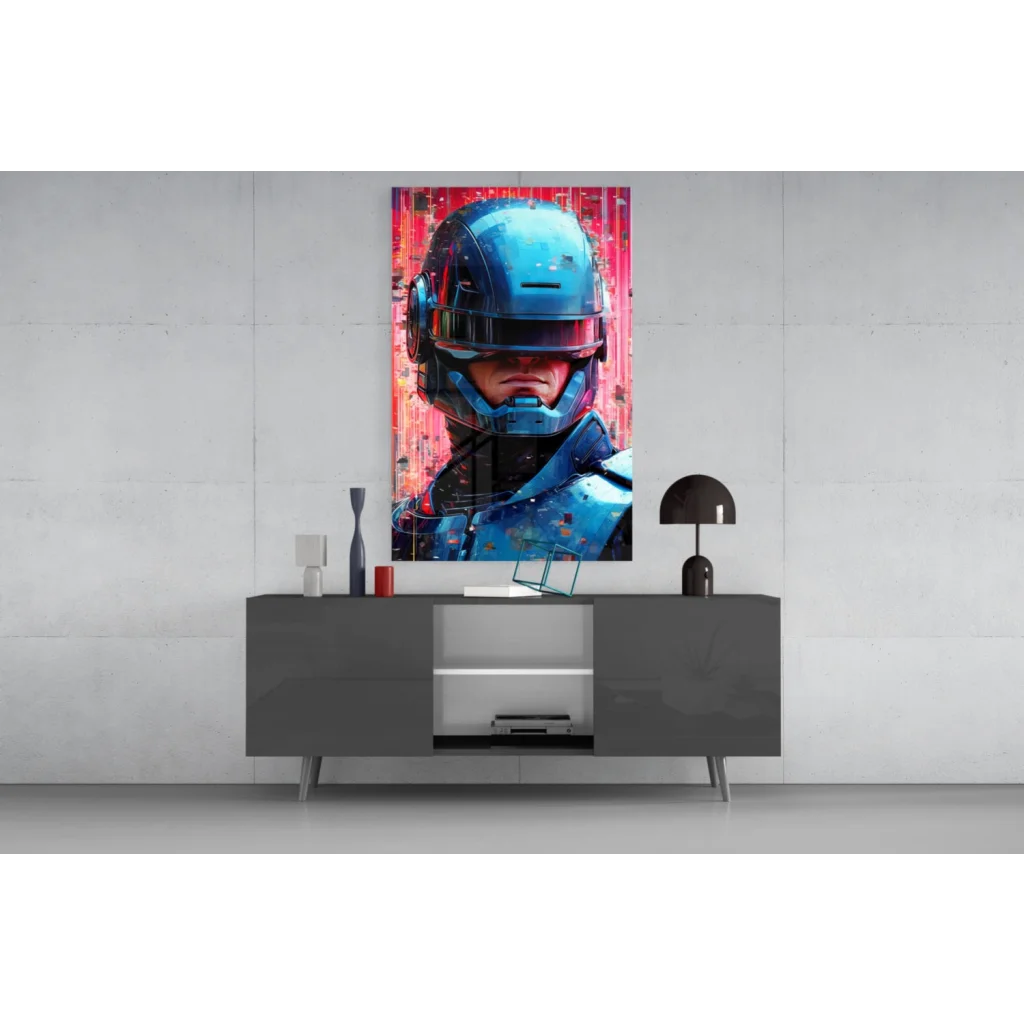 Futuristic blue armored helmet portrait wall art canvas print with red pink splatters