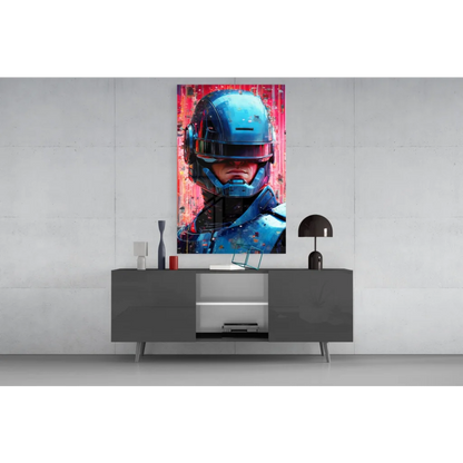 Futuristic blue armored helmet portrait wall art canvas print with red pink splatters
