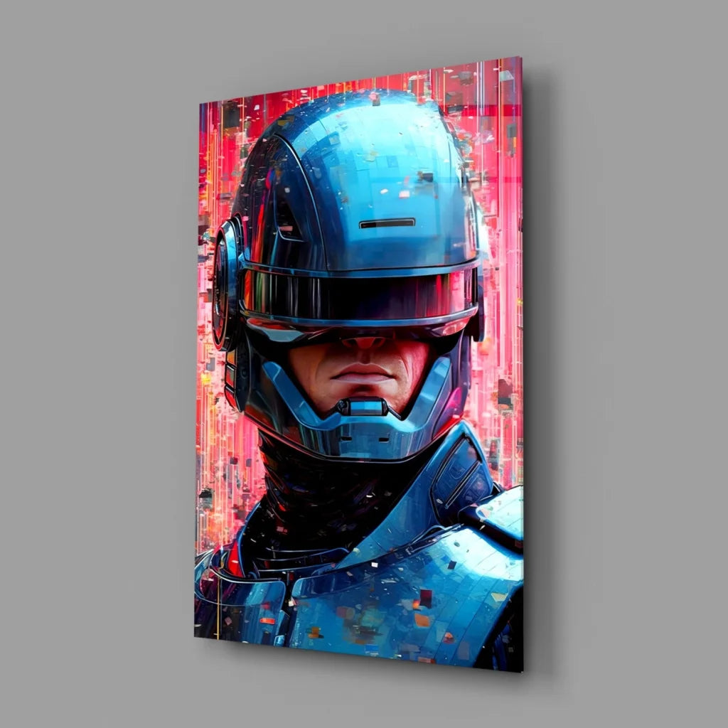 Sleek blue metallic futuristic robotic helmet with red glows, wall art canvas print