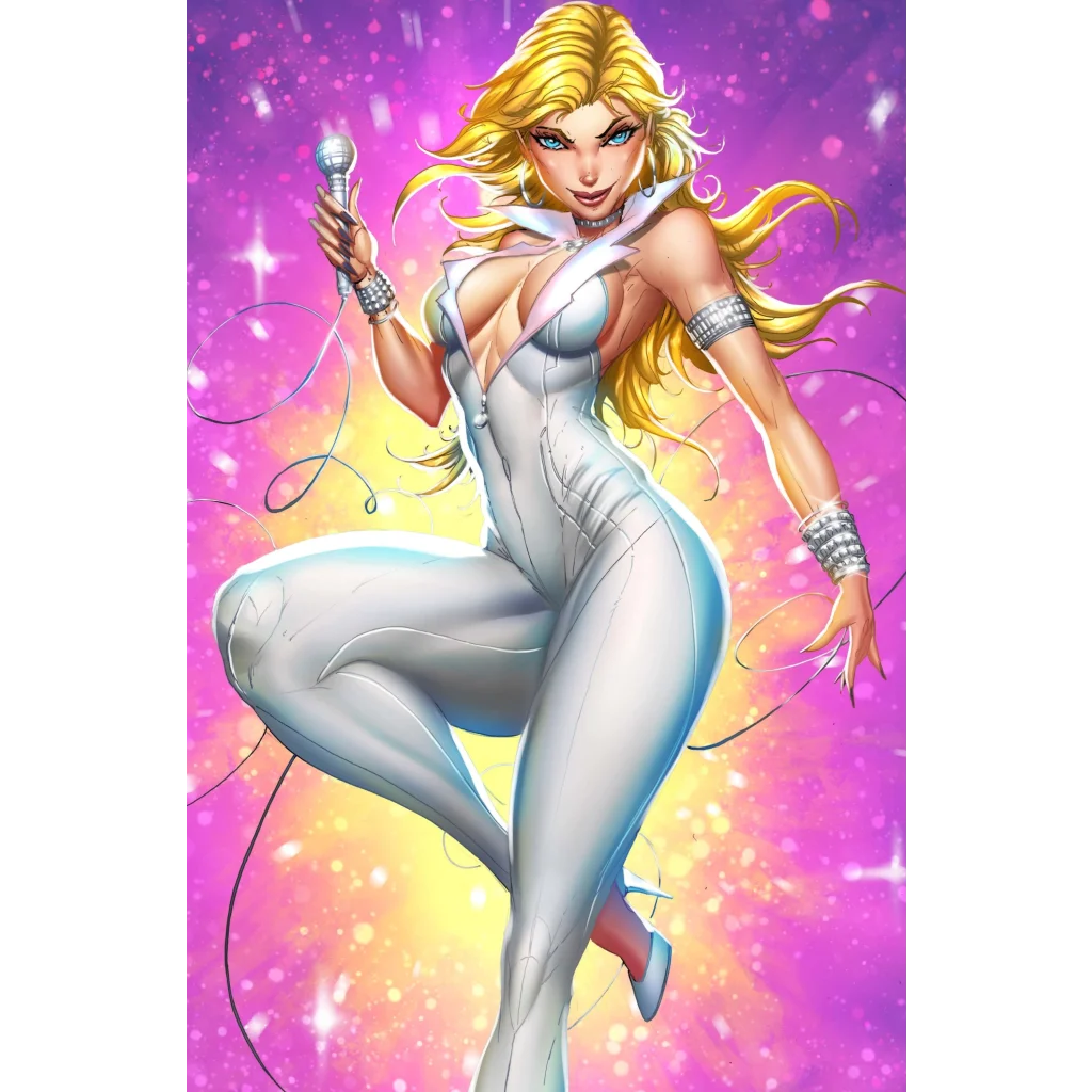 Sleek silver bodysuit on brushed aluminum print with blue highlights