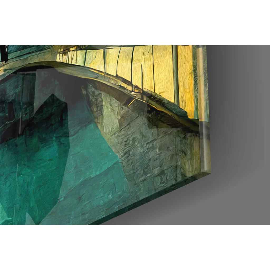 Futuristic teal city canvas wall art with glowing towers and abstract teal-yellow brushstrokes