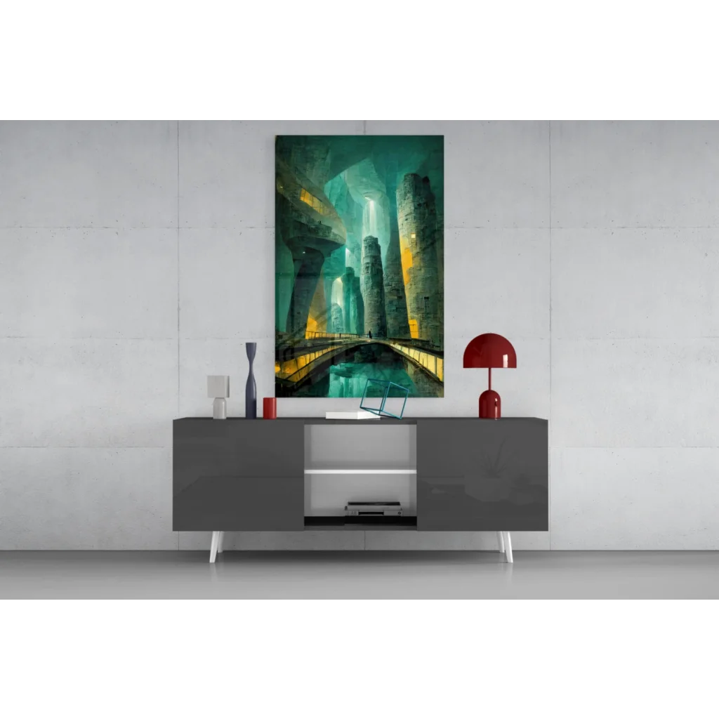 Futuristic teal city canvas wall art with glowing towers