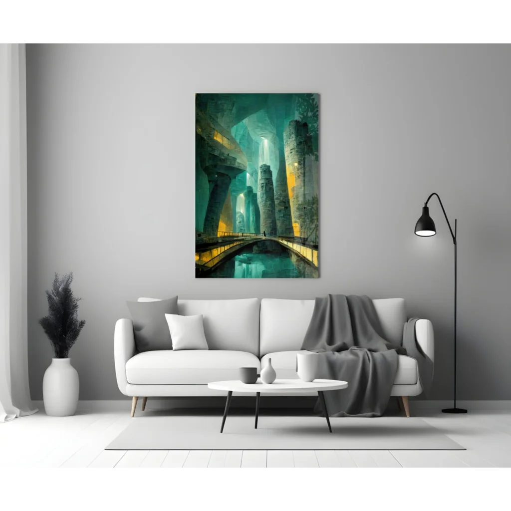 Futuristic teal city canvas wall art with glowing towers