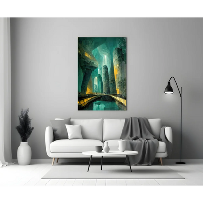 Futuristic teal city canvas wall art with glowing towers