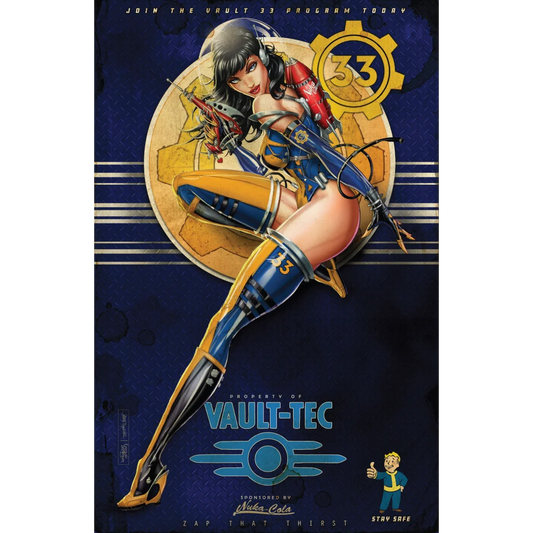 Stylized futuristic warrior woman in blue yellow armor on brushed aluminum print