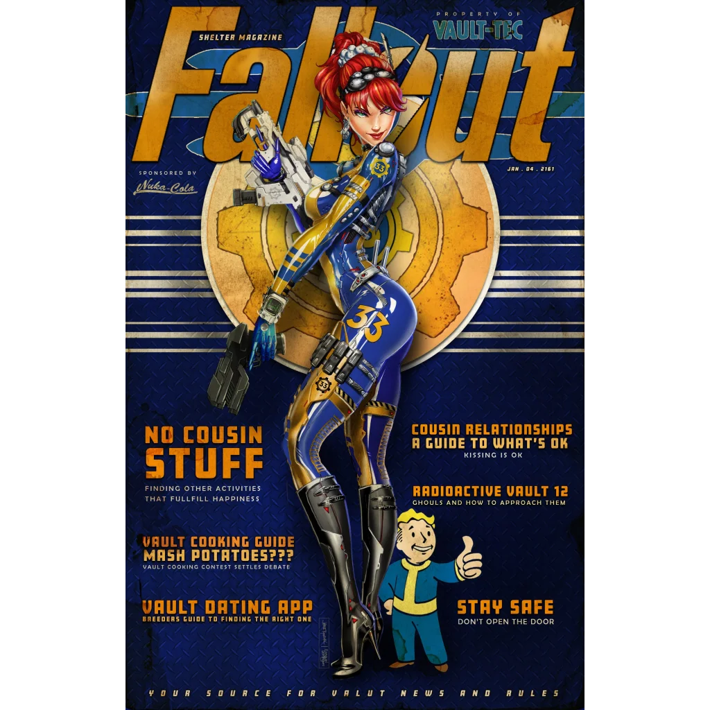 Red-haired futuristic warrior woman in blue gold armor, number 36, brushed aluminum print