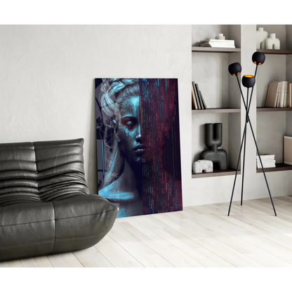 Futuristic woman in blue purple glitch wall art print on canvas