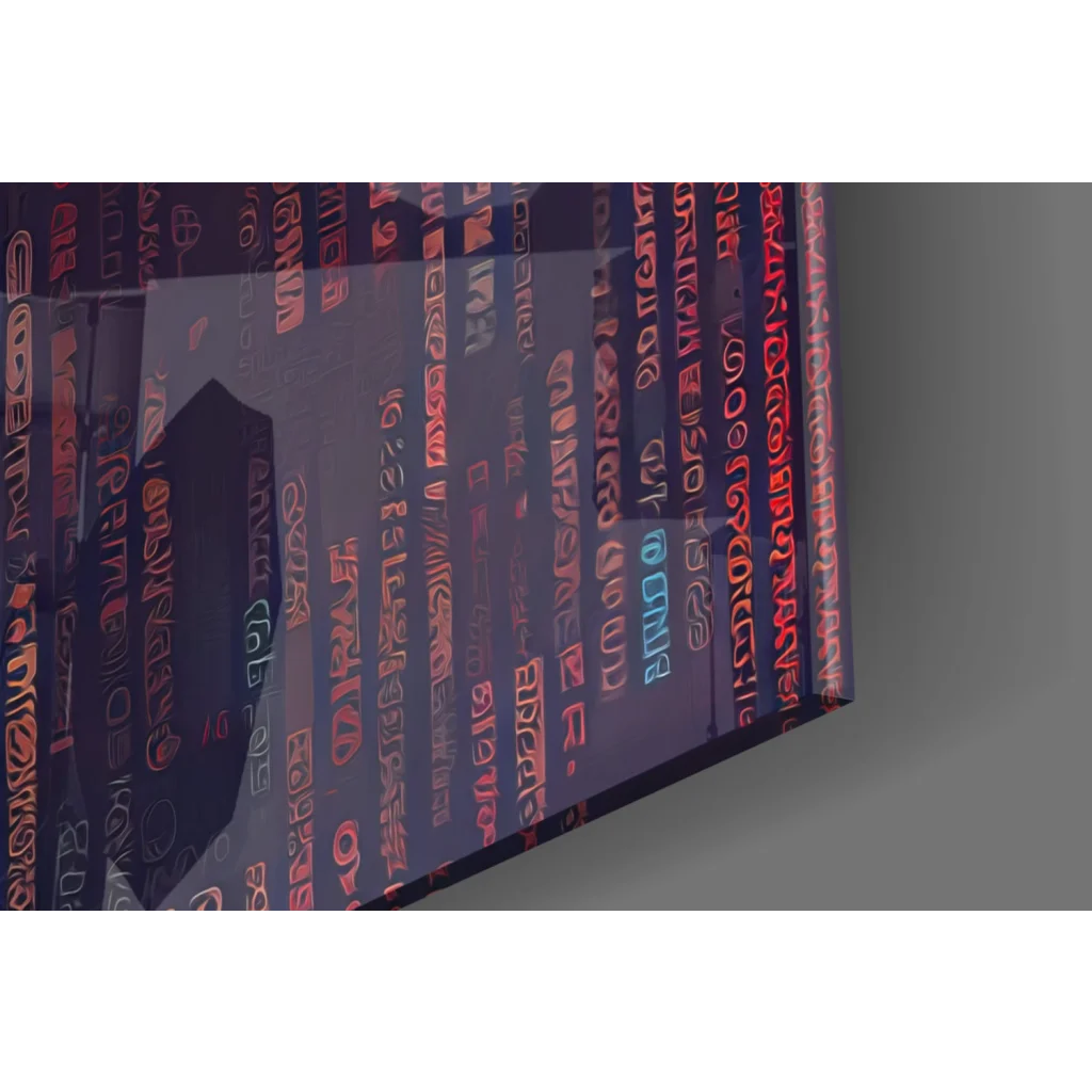 Futuristic woman glitch effect wall art print with urban skyline wallet design