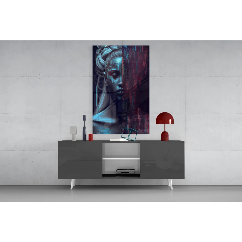 Modern gray sideboard with white legs under Futuristic Woman wall art print