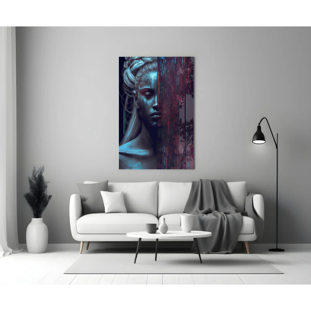 Futuristic woman wall art print in blue purple glitch effect