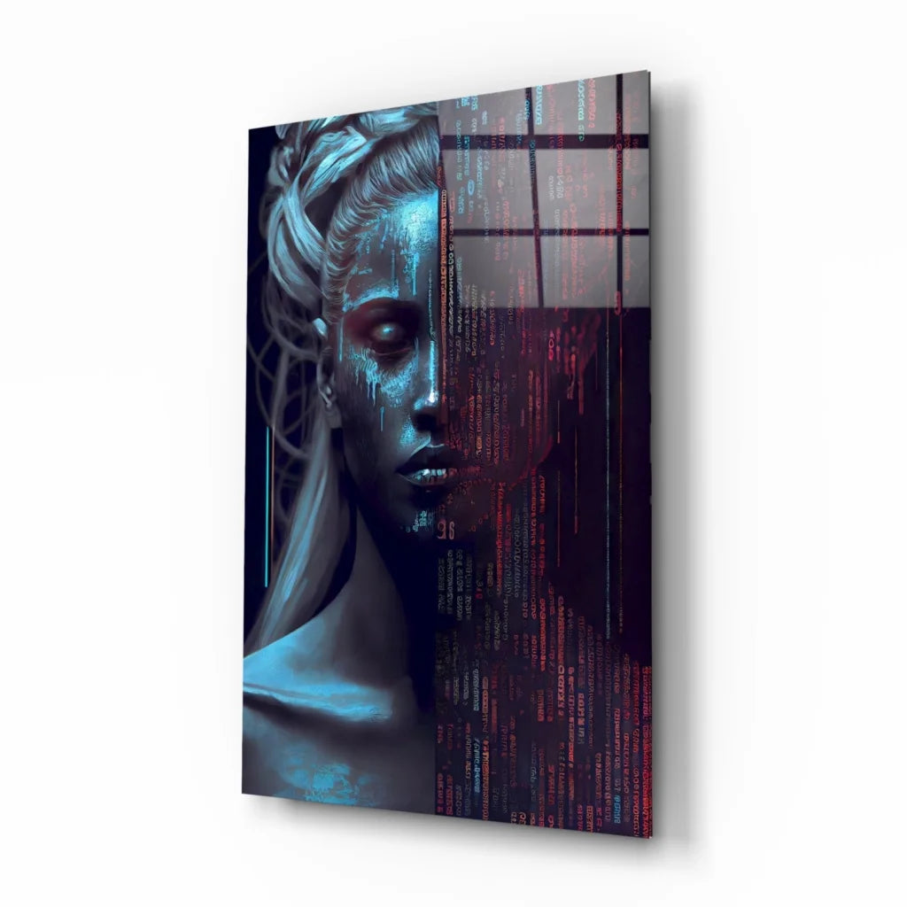 Futuristic woman glitch wall art print on canvas, blue red digital face