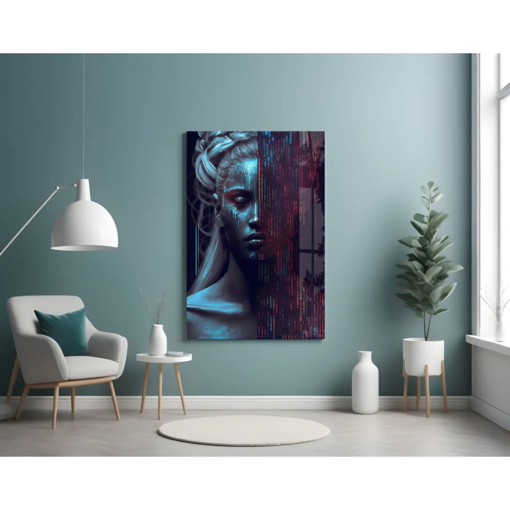 Futuristic woman in blue purple abstract glitch wall art print