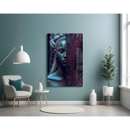 Futuristic woman in blue purple abstract glitch wall art print