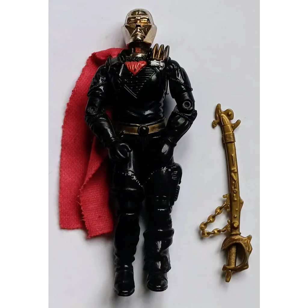 Black and gold COBRA action figure Destro V2 with red cape, sword, metallic armor