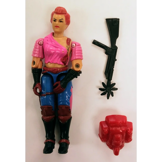 Zarana action figure from 1986 GI Joe Cobra with pink blue outfit and green gun