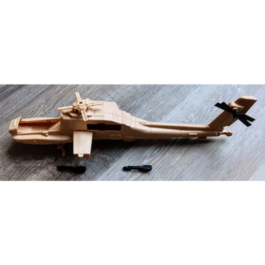 Rare 1992 GI Joe Desert Apache Helicopter model with wooden finish and vehicle parts